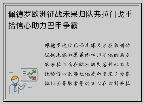 佩德罗欧洲征战未果归队弗拉门戈重拾信心助力巴甲争霸