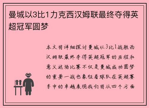 曼城以3比1力克西汉姆联最终夺得英超冠军圆梦