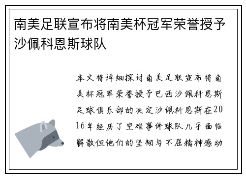 南美足联宣布将南美杯冠军荣誉授予沙佩科恩斯球队